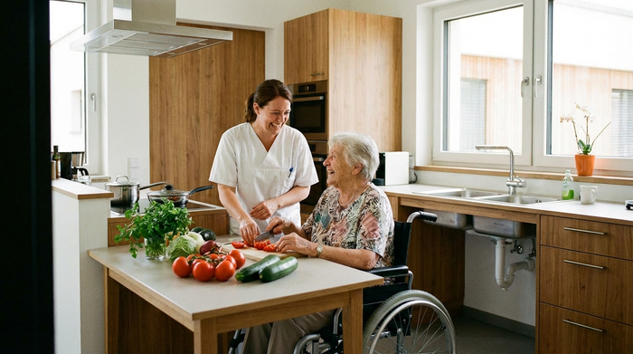 Eine ältere Frau und ihre Betreuerin kochen gemeinsam lachend in einer modernen, barrierefreien Küche. Frisches Gemüse liegt auf dem Tresen. Sonnige, familiäre und vertrauensvolle Stimmung, ohne lesbaren Text.