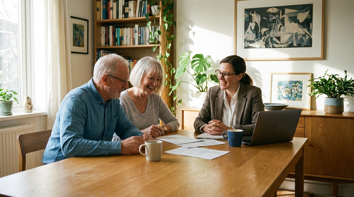 Ein älteres Ehepaar sitzt gemeinsam mit einer sympathischen Beraterin am Esstisch und bespricht entspannt Dokumente. Eine Tasse Kaffee steht auf dem Tisch. Seriöse, vertrauensvolle Beratungssituation in einem gemütlichen Zuhause.