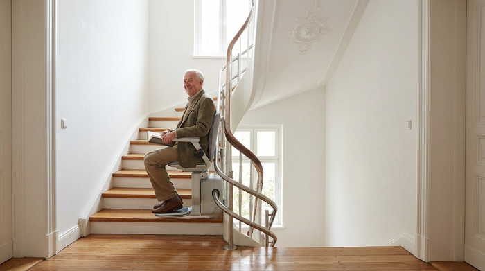 Ein moderner, unauffälliger Treppenlift in einem gepflegten, hellen Treppenhaus eines klassischen Altbaus. Ein älterer Herr fährt sicher und entspannt nach oben. Realistische Darstellung, hochwertige Ausstattung, barrierefreies Wohnen.