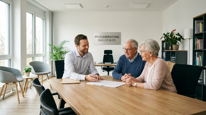 Ein seriöser, freundlicher Pflegeberater in einem hellen, modernen Büro erklärt einem älteren Ehepaar geduldig verschiedene Unterlagen. Die Szene wirkt professionell, vertrauensvoll und sehr harmonisch.