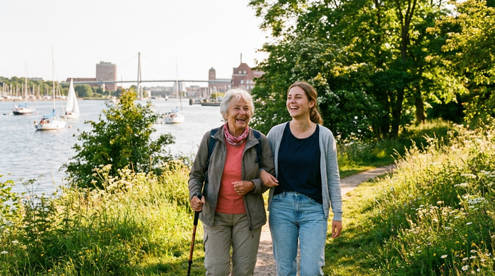 Eine rüstige Seniorin spaziert glücklich mit einer jungen Pflegekraft durch einen grünen, sonnigen Park an der Kieler Förde. Beide lachen und genießen die frische Luft in entspannter, naturnaher Umgebung.