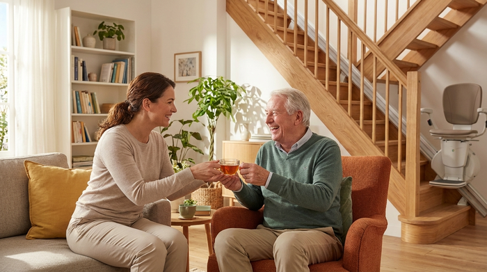 Eine fürsorgliche Pflegekraft reicht einem lächelnden Senior eine Tasse Tee im heimischen, gemütlichen Wohnzimmer. Im Hintergrund ist ein moderner, unauffälliger Treppenlift an einer stilvollen Holztreppe zu erkennen.