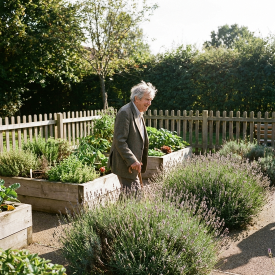 Älterer Herr mit silbergrauem Haar spaziert entspannt durch einen sicheren, eingefriedeten Demenzgarten mit Hochbeeten und blühenden Lavendelsträuchern. Sonniger Nachmittag, friedliche Stimmung, realistisches Foto.