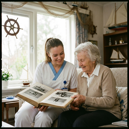 Pflegekraft und Seniorin betrachten gemeinsam ein altes Fotoalbum. Beide lächeln herzlich. Maritime Elemente im Hintergrund, Fokus auf liebevoller Biografiearbeit, natürliches Licht.