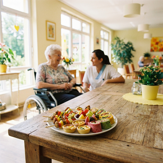 Ein heller, freundlicher Speisesaal in einer Pflegeeinrichtung. Ein Teller mit buntem, appetitlichem Fingerfood steht auf einem sauberen Holztisch. Im Hintergrund unscharf eine ältere Dame im Rollstuhl.