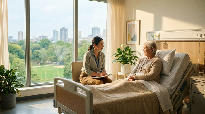 Ein modernes Krankenhauszimmer mit großen Fenstern. Eine ältere Person sitzt entspannt im Bett, während ein freundlicher Sozialarbeiter in Zivilkleidung am Bett sitzt und beruhigend Notizen auf einem Klemmbrett macht. Helle und hoffnungsvolle Stimmung.