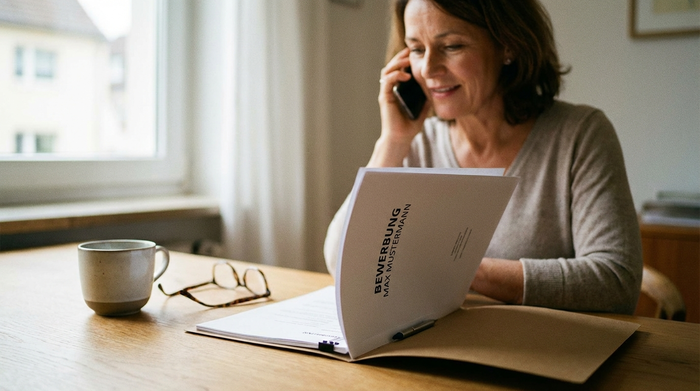 Eine gut organisierte Bewerbungsmappe liegt auf einem aufgeräumten Holztisch, daneben eine Tasse Kaffee und eine Brille. Im unscharfen Hintergrund telefoniert eine Frau mittleren Alters konzentriert und freundlich mit einem Smartphone.