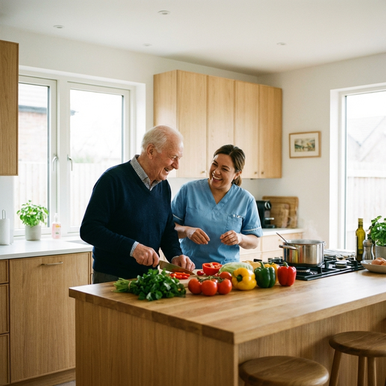 Ein älterer Herr und eine sympathische Betreuungskraft kochen gemeinsam in einer sauberen, modernen Küche. Beide lachen, während sie frisches Gemüse schneiden. Die Szene strahlt häusliche Geborgenheit und Lebensfreude aus.