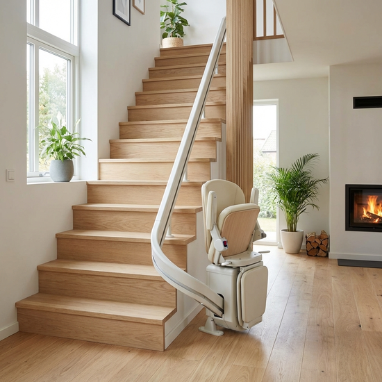 Ein eleganter, moderner Treppenlift ist an einer hellen Holztreppe in einem gepflegten Einfamilienhaus installiert. Der Lift ist unauffällig und fügt sich harmonisch in das gemütliche Wohnumfeld ein.