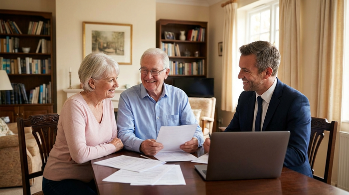 Ein älteres Ehepaar sitzt gemeinsam mit einem professionellen Berater im Anzug an einem Esstisch. Sie schauen sich entspannt Dokumente an. Die Atmosphäre ist seriös, klärend und entlastend.