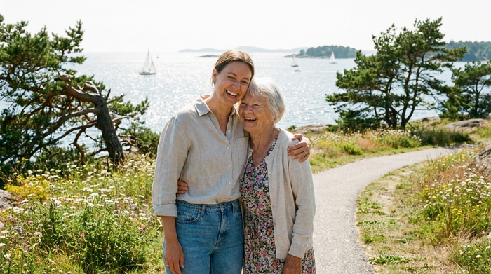 Eine erwachsene Tochter umarmt ihre ältere Mutter liebevoll bei einem Spaziergang in einem sonnigen Park an der Küste. Im Hintergrund glitzert das Wasser leicht. Beide wirken glücklich und von Sorgen befreit.