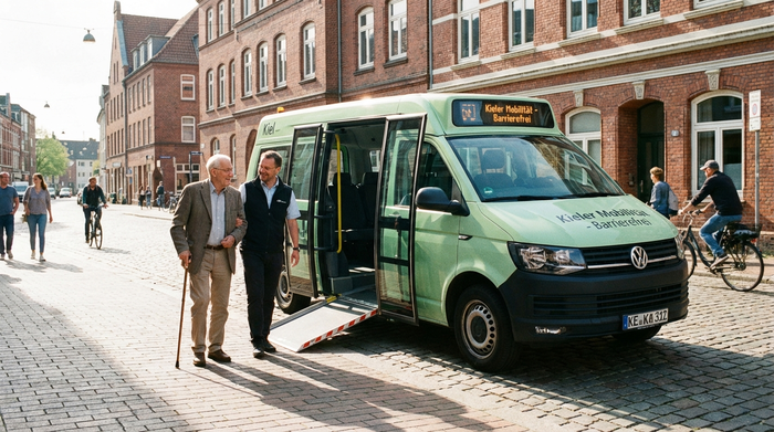 Ein freundlicher, barrierefreier Kleinbus steht in einer ruhigen, sonnigen Straße in Kiel. Ein älterer Herr mit Gehstock wird von einem hilfsbereiten Fahrer mit einem Lächeln zum Fahrzeug begleitet. Helles Tageslicht, klare und sichere Umgebung.