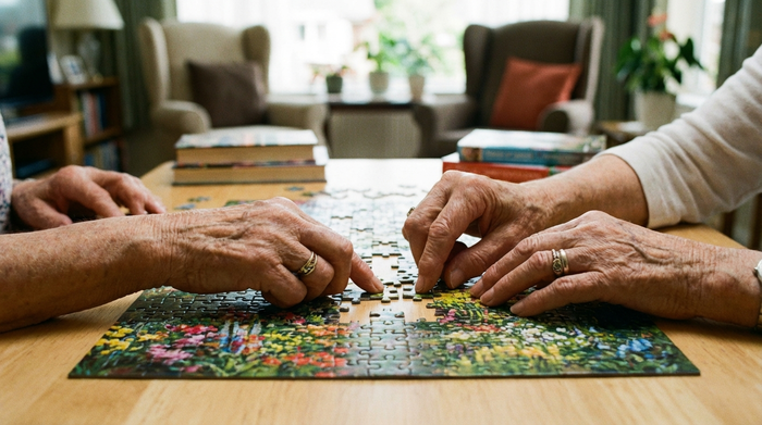 Nahaufnahme von den Händen zweier Senioren, die gemeinsam ein buntes Puzzle auf einem hellen Holztisch zusammensetzen. Im Hintergrund unscharf eine gemütliche Einrichtung. Fokus auf Aktivität, Gemeinschaft und Feinmotorik.