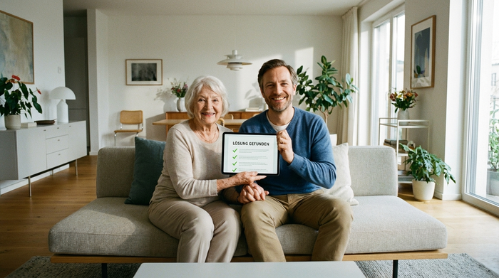 Eine ältere Dame und ihr erwachsener Sohn sitzen entspannt auf einem Sofa in einem modernen Wohnzimmer und schauen lächelnd auf ein Tablet. Sie wirken erleichtert und glücklich über die gefundene Lösung.