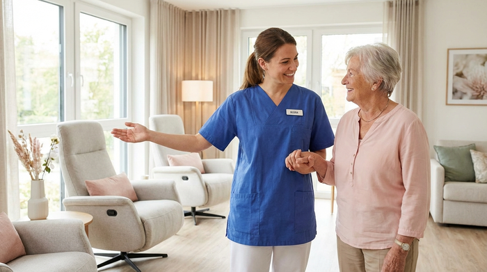 Eine herzliche Pflegekraft in Berufskleidung zeigt einer interessierten Seniorin einen hellen Ruheraum mit bequemen, modernen Ruhesesseln. Beide lächeln sich freundlich an. Entspannte, vertrauensvolle und ruhige Stimmung.