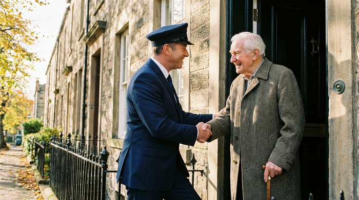 Ein einfühlsamer Fahrer in gepflegter Dienstkleidung reicht einem älteren Herrn mit Gehstock lächelnd die Hand zur herzlichen Begrüßung an der Haustür.