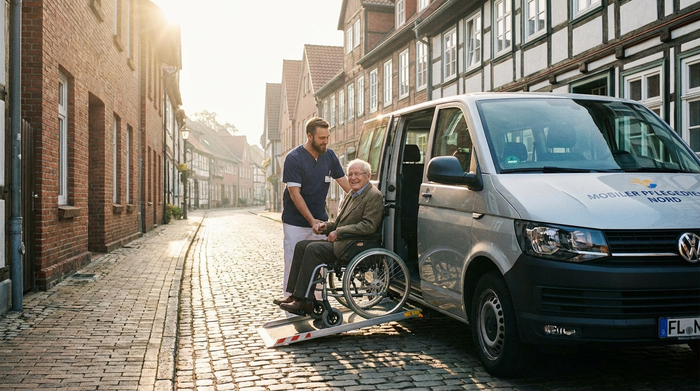 Ein freundlicher Pfleger hilft einem lächelnden älteren Herrn im Rollstuhl beim Aussteigen aus einem modernen Kleinbus. Helles Morgenlicht, gepflegte Straße in Norddeutschland.