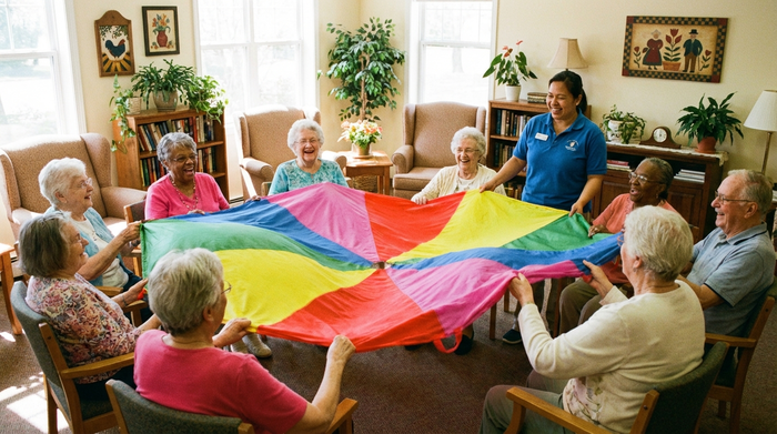 Eine Gruppe von Senioren sitzt im Kreis und wirft sich spielerisch ein buntes Tuch zu. Ein Betreuer leitet die fröhliche Sitzgymnastik an. Helles Licht, gemütliche Einrichtung.