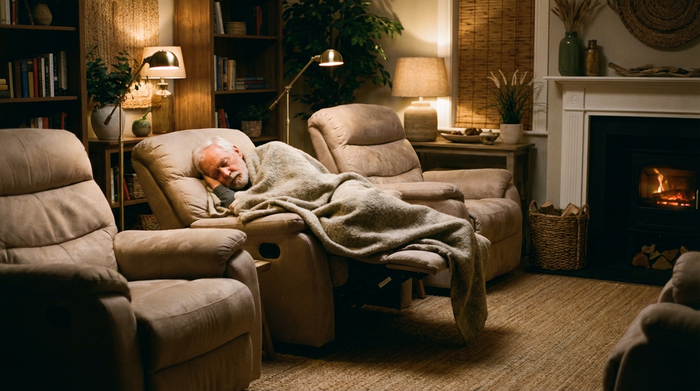 Ein ruhiger Raum mit bequemen, weichen Ruhesesseln. Ein älterer Herr schläft friedlich, eingekuschelt in eine warme Decke. Gedimmtes Licht, entspannende und sichere Umgebung.