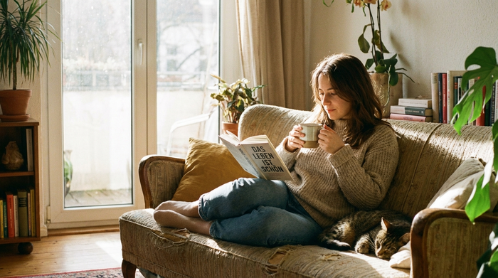 Eine entspannte, jüngere Frau sitzt mit einer Tasse Tee auf ihrem heimischen Sofa und liest in Ruhe ein Buch. Sonnenlicht scheint durch das Fenster.