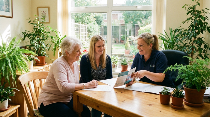 Eine ältere Dame und ihre Tochter sitzen zusammen mit einer freundlichen Einrichtungsleiterin an einem Tisch und besprechen entspannt Unterlagen. Helle Büroumgebung, Pflanzen im Hintergrund.