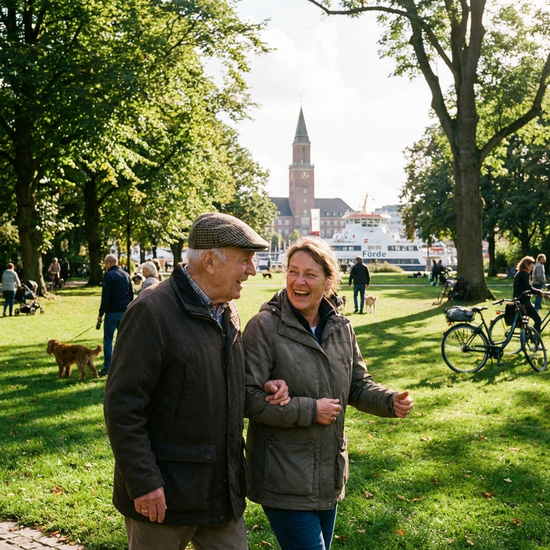 Eine engagierte Betreuungskraft spaziert gemeinsam mit einem älteren Herrn durch einen sonnigen, grünen Park in Kiel, beide lachen und unterhalten sich angeregt.