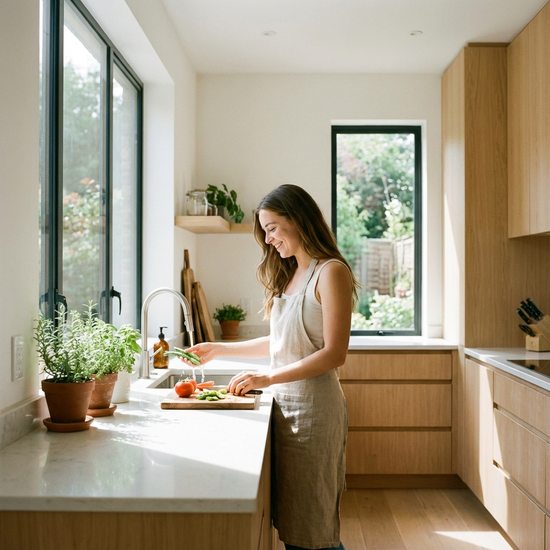 Eine saubere, moderne Küche, in der eine jüngere Frau frisches Gemüse wäscht und schneidet, umgeben von einer hellen und freundlichen Atmosphäre.