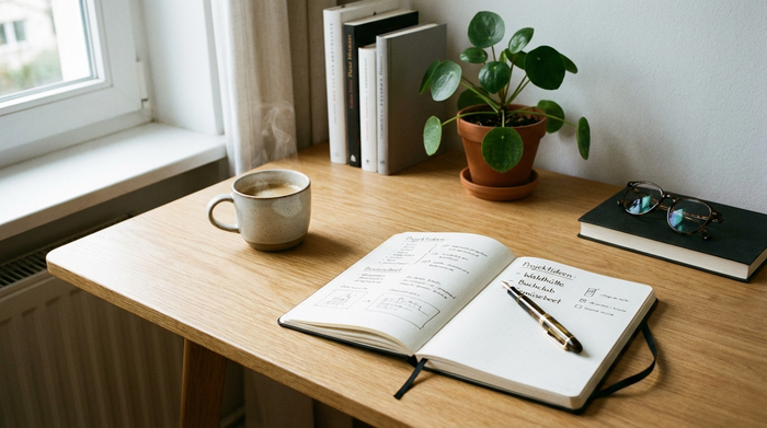 Ein ordentlich sortierter Schreibtisch mit einer Kaffeetasse, einem Stift und einem übersichtlichen Notizbuch, sanftes Tageslicht fällt durch ein Fenster herein.