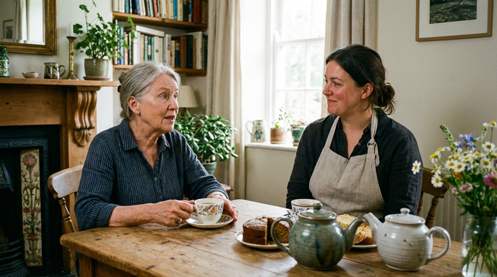 Zwei Frauen sitzen bei einer Tasse Tee an einem gemütlichen Holztisch, die jüngere trägt eine dezente Schürze und hört der Seniorin aufmerksam und empathisch zu.