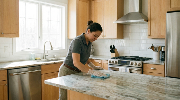 Eine ordentliche, helle Küche. Eine Reinigungskraft wischt mit einem Tuch sorgfältig die Arbeitsfläche ab. Realistische, saubere Umgebung, fokussiert auf hauswirtschaftliche Tätigkeit, ohne Text.