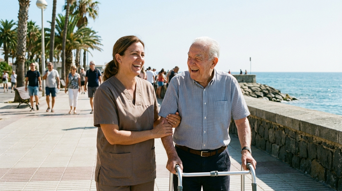 Eine einfühlsame Betreuungskraft und ein älterer Herr spazieren gemeinsam an einer sonnigen Promenade am Wasser. Beide lachen und unterhalten sich angeregt. Realistische Szene, klares Wetter, ohne Text.