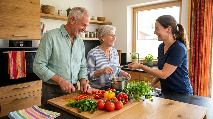 Ein älteres Ehepaar kocht gemeinsam mit einer freundlichen Alltagsbegleiterin in einer modernen Küche. Frisches Gemüse liegt auf dem Brett. Fröhliche Stimmung, warme Farben, realistische Szene, ohne Text.