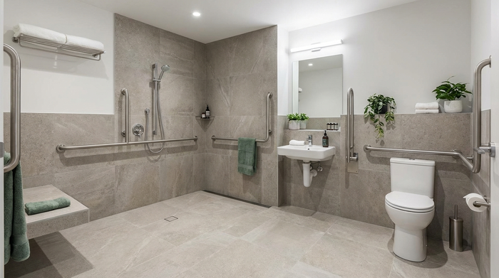 Ein modern eingerichtetes, barrierefreies Badezimmer mit einer bodengleichen Dusche und stabilen Haltegriffen. Sauber, hell erleuchtet, sichere Umgebung für Senioren, realistische Szene, ohne Text.