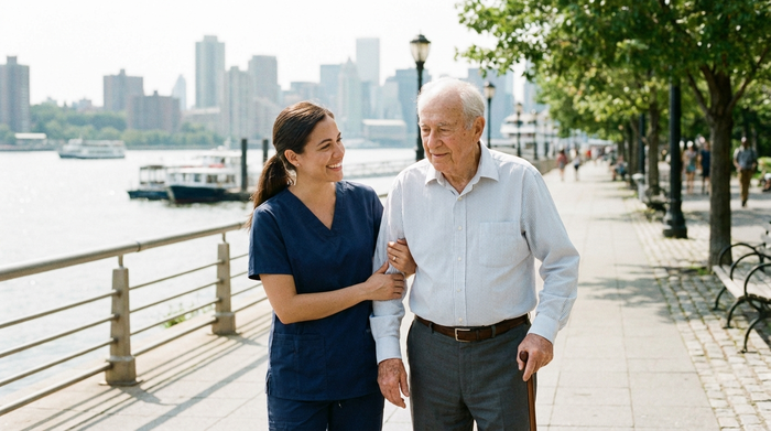 Eine fürsorgliche Betreuungskraft und ein älterer Herr spazieren gemeinsam an einer Uferpromenade. Im Hintergrund ist leicht verschwommen das Wasser zu erkennen. Helles Tageslicht, entspannte Stimmung, realistische Fotografie ohne Text.