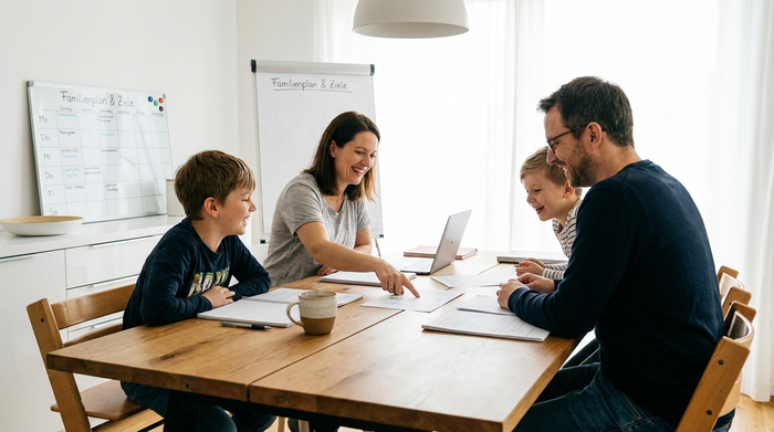 Eine Familie sitzt gemeinsam am Esstisch und bespricht entspannt Unterlagen. Eine Tasse Kaffee steht auf dem Tisch. Die Atmosphäre ist positiv und lösungsorientiert. Helles, aufgeräumtes Esszimmer.