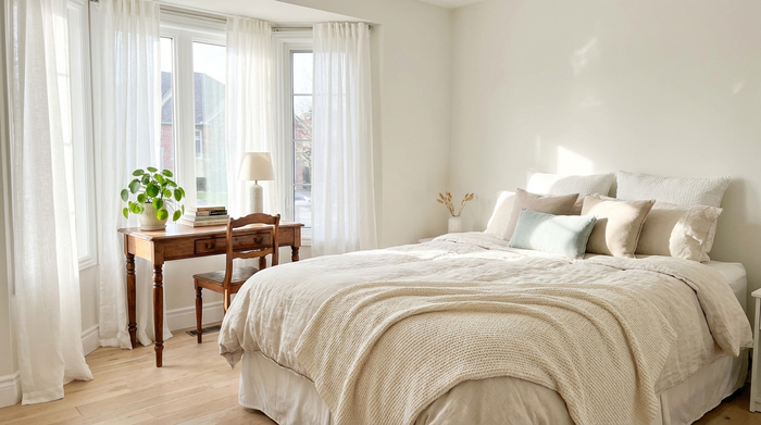 Ein helles, freundlich eingerichtetes Gästezimmer mit einem gemütlichen Bett, einem kleinen Schreibtisch und einem großen Fenster mit weißen Vorhängen. Eine kleine Pflanze steht auf dem Tisch. Einladend und sauber.