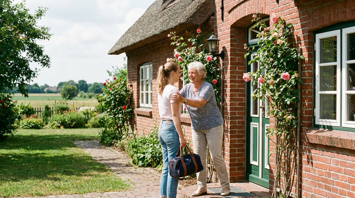 Eine junge Betreuungskraft mit einer kleinen Reisetasche wird an der Haustür herzlich von einer älteren Dame begrüßt. Beide lächeln sich freundlich an. Sonniges Wetter, typisch norddeutsches Backsteinhaus im Hintergrund.