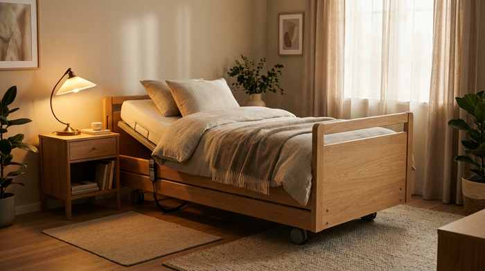 Ein modernes, elektrisch verstellbares Pflegebett aus hellem Holz in einem gemütlich eingerichteten Schlafzimmer. Warme Beleuchtung, ordentliches Bettzeug, ein Nachttisch mit einer Leselampe daneben. Realistische, wohnliche Umgebung ohne medizinische Sterilität, keine Schriftzüge.