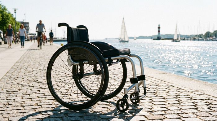 Ein leichter, moderner Aktivrollstuhl aus Aluminium steht auf einem gepflasterten Weg an der sonnigen Kiellinie. Im Hintergrund glitzert das Wasser der Förde. Realistische Szene, fokussiert auf Mobilität und Freiheit, komplett ohne Text.