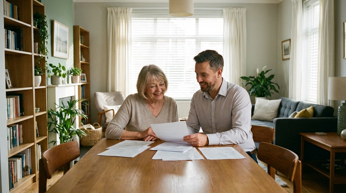 Eine ältere Frau und ein freundlicher Berater sitzen an einem Esstisch und besprechen Dokumente. Der Berater trägt ein ordentliches Hemd und lächelt. Helles Tageslicht, aufgeräumtes Wohnzimmer, positive und vertrauensvolle Stimmung, keine lesbaren Texte auf den Papieren.
