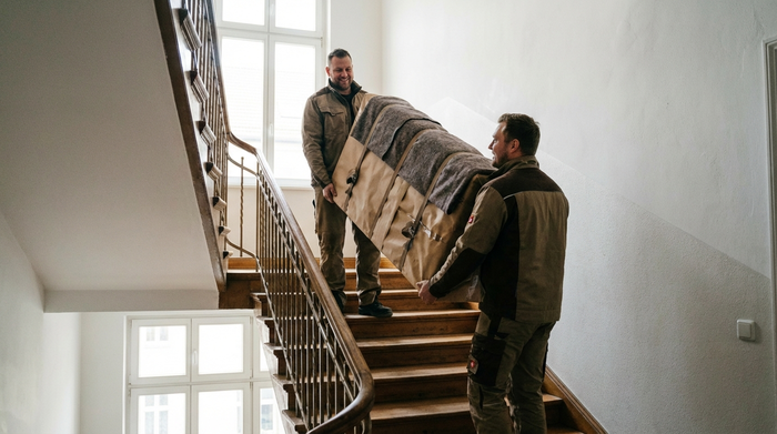Zwei kräftige, freundliche Lieferanten in ordentlicher Arbeitskleidung tragen vorsichtig ein verpacktes Pflegebett-Teil durch ein typisches, helles Altbautreppenhaus. Realistische Beleuchtung, Fokus auf sorgfältigen Transport, saubere Umgebung, keine Logos oder Schrift.
