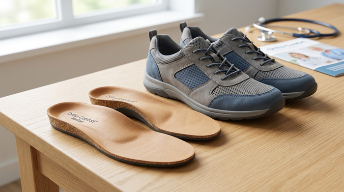 Nahaufnahme von bequemen, hochwertigen orthopädischen Einlagen, die neben einem Paar moderner, bequemer Senioren-Freizeitschuhe auf einem hellen Holztisch liegen. Die Szene ist sauber, gut beleuchtet und strahlt medizinische Kompetenz und Komfort aus.