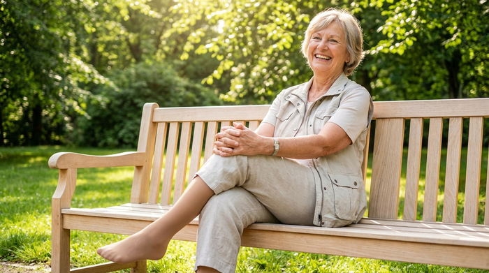 Eine aktive Seniorin sitzt entspannt auf einer hellen Parkbank in einem grünen Park und überschlägt lächelnd die Beine. Sie trägt unauffällige, hautfarbene medizinische Kompressionsstrümpfe, die wie elegante Feinstrumpfhosen aussehen. Warme Sonnenstrahlen fallen durch die Blätter.