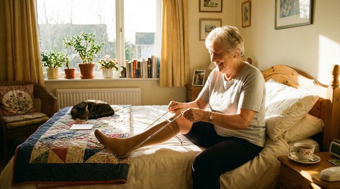 Eine ältere Dame nutzt in ihrem gemütlichen, sonnendurchfluteten Schlafzimmer eine praktische metallische Anziehhilfe, um mühelos in ihren Kompressionsstrumpf zu schlüpfen. Sie lächelt zufrieden, da die Vorrichtung ihr den Alltag sichtlich erleichtert.