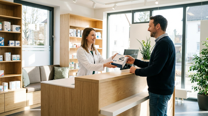 Ein moderner Tresen in einem hellen, einladenden Sanitätshaus. Eine freundliche Beraterin im weißen Kittel überreicht einem lächelnden Kunden ein verpacktes medizinisches Hilfsmittel. Klare, realistische Fotografie ohne Text.