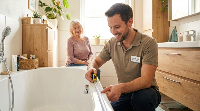 Ein empathischer Medizinprodukteberater kniet in einem gemütlichen Badezimmer und misst mit einem Maßband den Rand einer weißen Badewanne aus. Im Hintergrund steht eine ältere Dame und schaut zufrieden zu. Realistische, helle Szene.