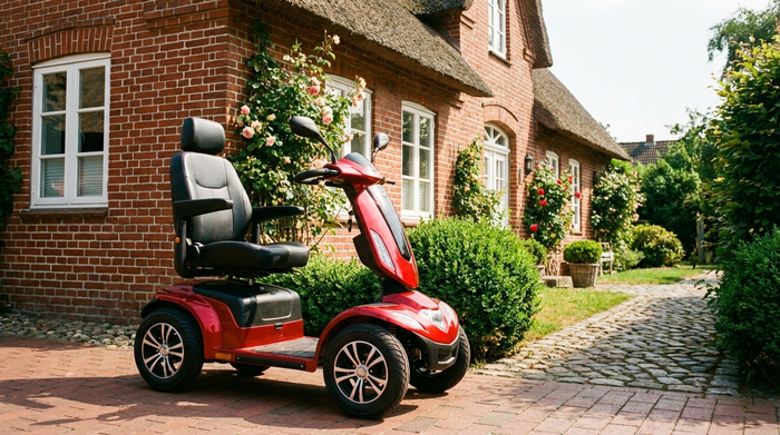 Ein sportlicher, roter Elektromobil-Scooter parkt sicher vor einem gepflegten norddeutschen Backsteinhaus bei sonnigem Wetter. Im Hintergrund grüne Sträucher und ein gepflasterter Weg. Hochwertige, lebensbejahende Aufnahme ohne Schriftzüge.