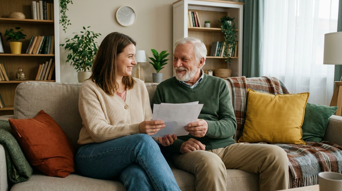 Eine erwachsene Tochter sitzt mit ihrem älteren Vater entspannt auf einem bequemen Sofa. Sie halten gemeinsam einige Dokumente in den Händen und lächeln sich zu. Gemütliche, unterstützende Atmosphäre im heimischen Wohnzimmer.