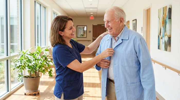 Eine einfühlsame Pflegekraft hilft einem älteren Herrn beim Anziehen einer leichten Jacke im hellen Flur einer modernen Seniorenwohnung. Beide lächeln entspannt.
