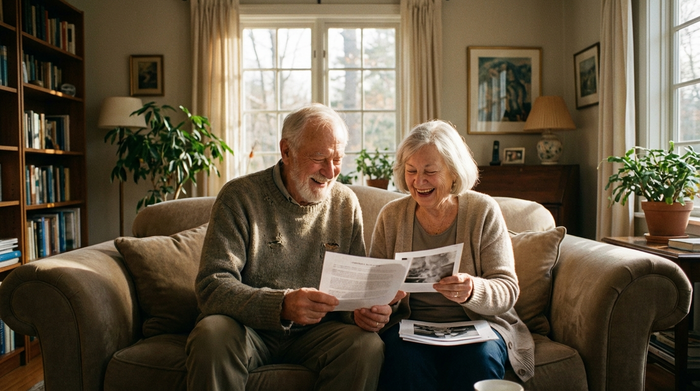 Ein älteres Ehepaar sitzt entspannt auf einem bequemen Sofa im Wohnzimmer und betrachtet gut gelaunt einige Papiere. Durch das Fenster fällt weiches Nachmittagslicht in den Raum.